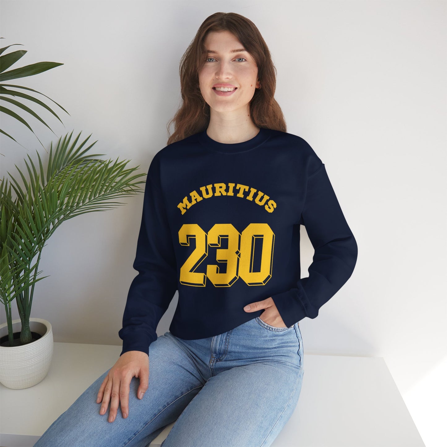 MAURITIUS SWEATSHIRT: 'Mauritius 230' in Sun-Kissed Yellow ☀️📞 - Unisex Heavy Blend™ Crewneck Sweatshirt