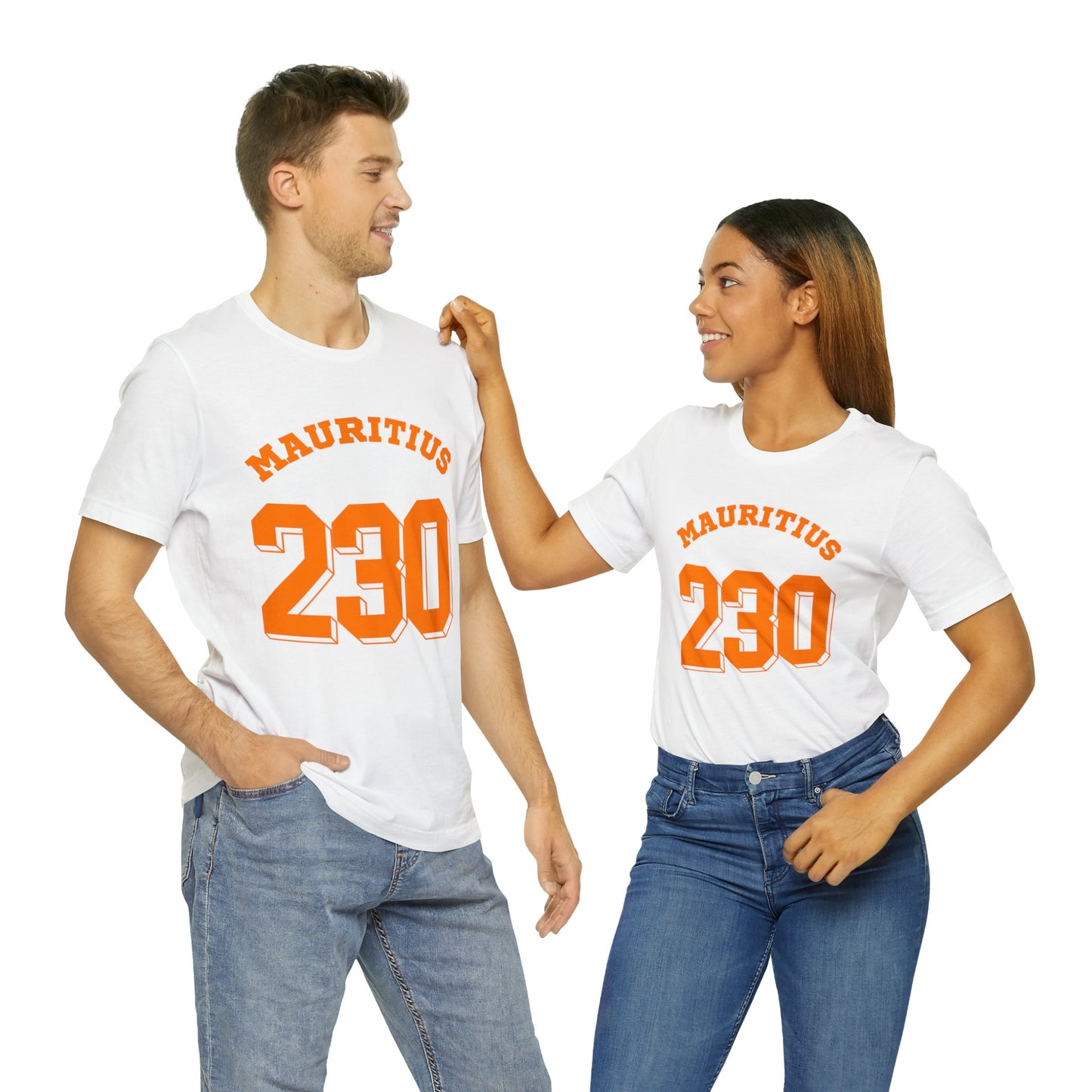 "MAURITIUS T-SHIRT: 'Mauritius 230' in Bold Orange 🌍🧡 - Unisex Women & Men Jersey Short Sleeve Tee