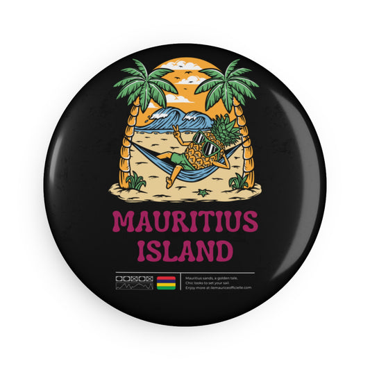 MAURITIUS BUTTON MAGNET: Island Beach Relaxation Bliss 🍍🏖️🖤 - Black Round (1 & 10 pcs)