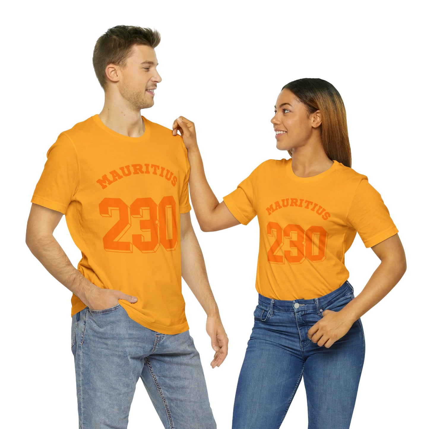 "MAURITIUS T-SHIRT: 'Mauritius 230' in Bold Orange 🌍🧡 - Unisex Women & Men Jersey Short Sleeve Tee