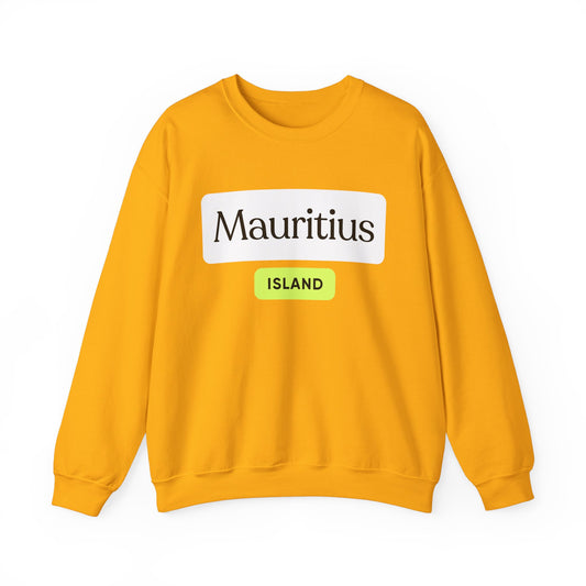 MAURITIUS SWEATSHIRT: 'Mauritius Island' in White & Green Sticker Style 🌴🤍💚 - Unisex Heavy Blend™ Crewneck Sweatshirt