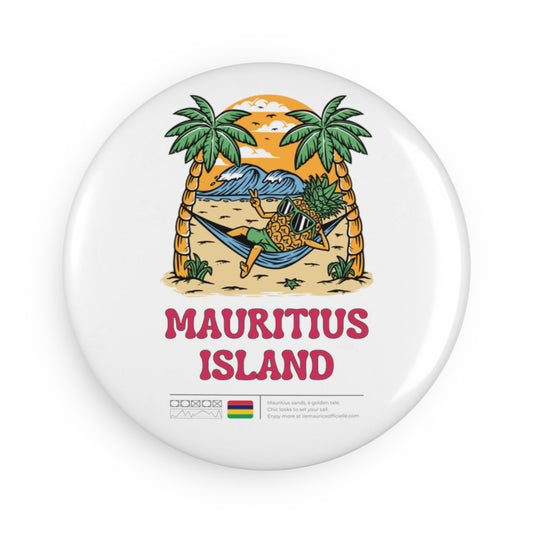 MAURITIUS BUTTON MAGNET: Island Beach Tropical Tranquility 🍍🏖️🤍 -  White Round (1 & 10 pcs)