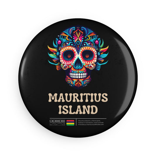 MAURITIUS BUTTON MAGNET: Tropical Skull Mask Edition 💀🌴🖤 - Black Round (1 & 10 pcs)