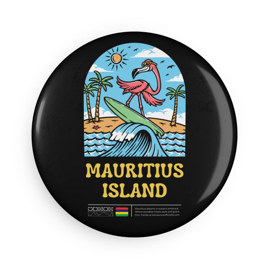 MAURITIUS BUTTON MAGNET: Surfing Flamingo Adventure 🏝️🏄‍♂️🖤 - Black Round (1 & 10 pcs)