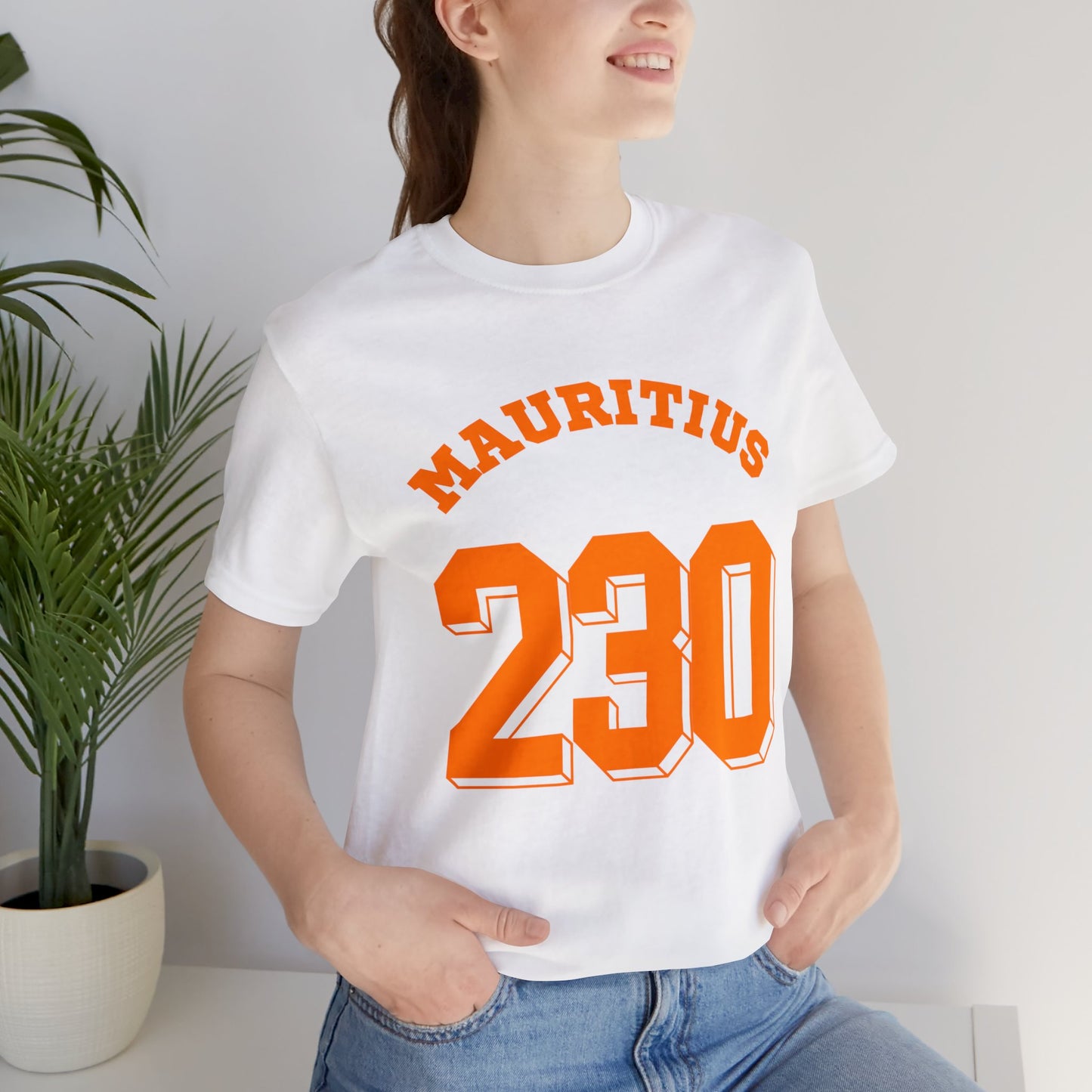 "MAURITIUS T-SHIRT: 'Mauritius 230' in Bold Orange 🌍🧡 - Unisex Women & Men Jersey Short Sleeve Tee