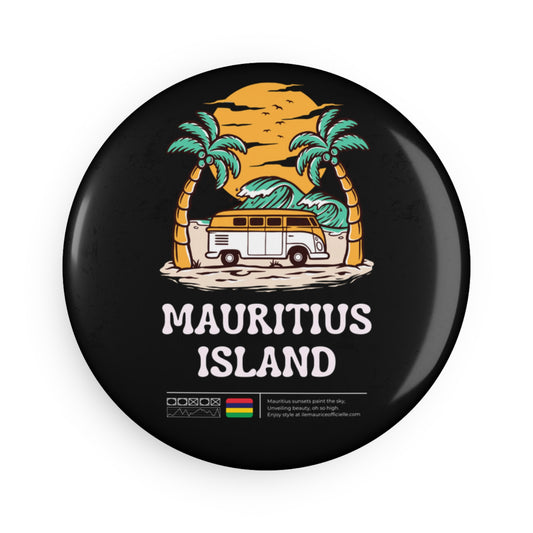 MAURITIUS BUTTON MAGNET: Tropical Beach Van Edition 🌴🚐🌟🖤 - Black Round (1 & 10 pcs)