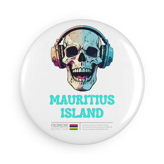 MAURITIUS BUTTON MAGNET: Skull Music Beats Discovery 💀🎧🤍 - White Round (1 & 10 pcs)