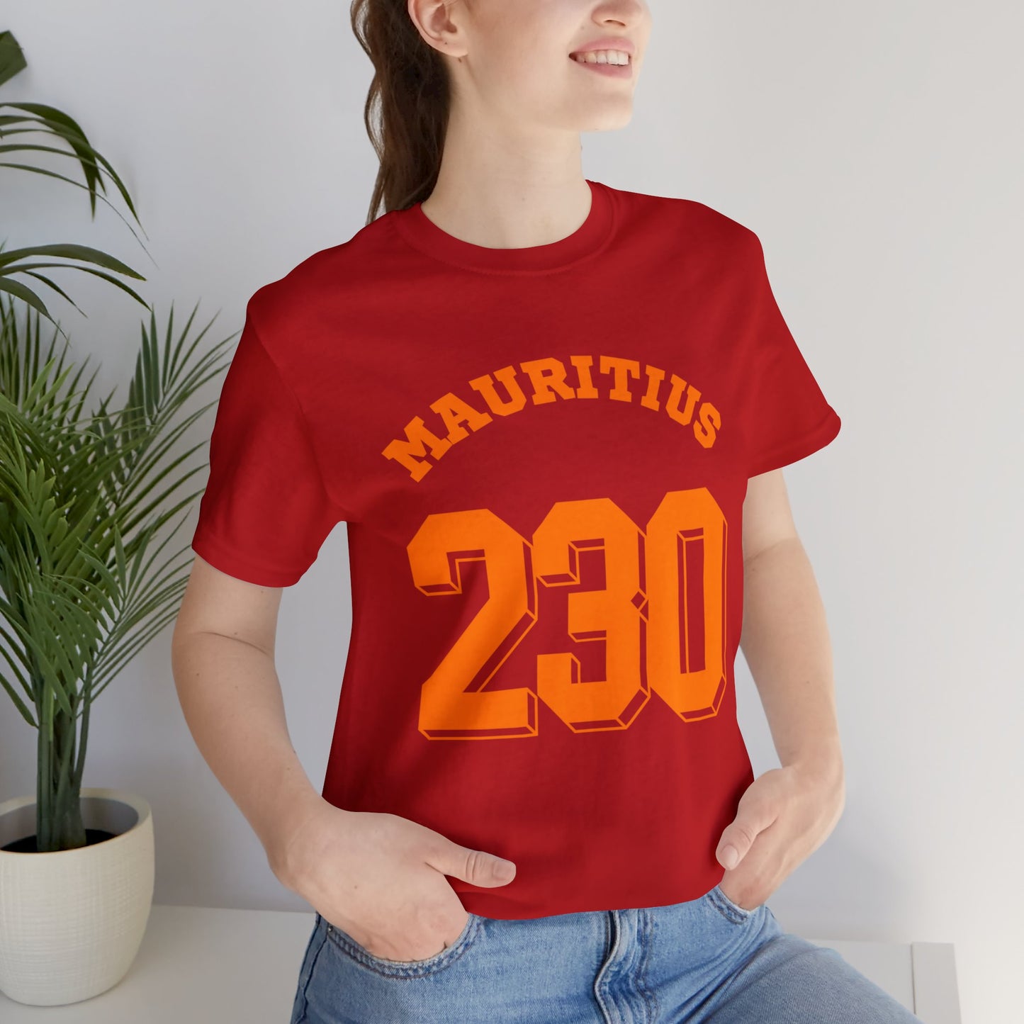 "MAURITIUS T-SHIRT: 'Mauritius 230' in Bold Orange 🌍🧡 - Unisex Women & Men Jersey Short Sleeve Tee