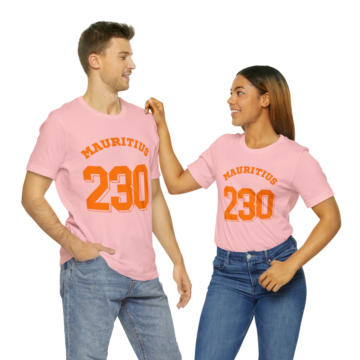 "MAURITIUS T-SHIRT: 'Mauritius 230' in Bold Orange 🌍🧡 - Unisex Women & Men Jersey Short Sleeve Tee