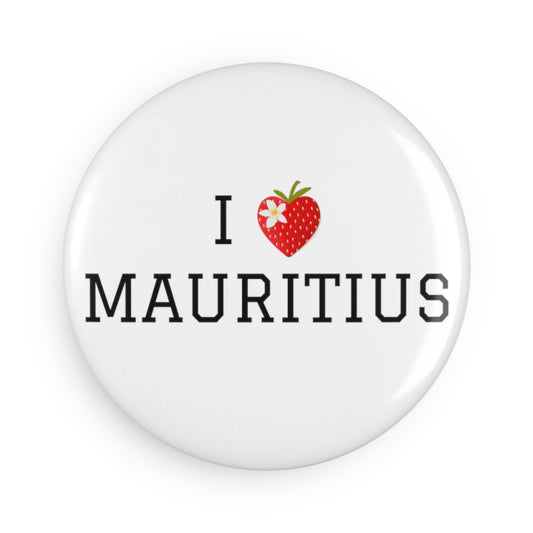 MAURITIUS BUTTON MAGNET: 'I Adore Mauritius' Premium Edition 🌴🤍🍓🌸 - White Round (1 & 10 pcs)