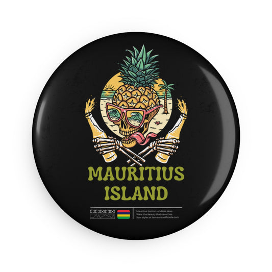 MAURITIUS BUTTON MAGNET: Tropical Skull Cocktail Vibes 🍍🏖️ - Black Round (1 & 10 pcs)