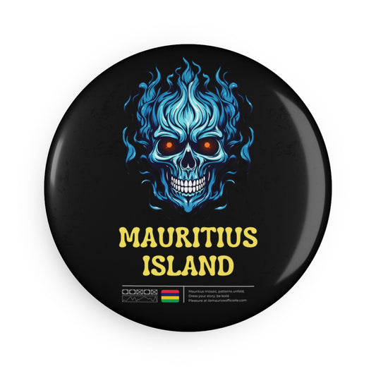 MAURITIUS BUTTON MAGNET: Smiling Skull Blaze 🏝️💀🔥🖤 - Black Round (1 & 10 pcs)