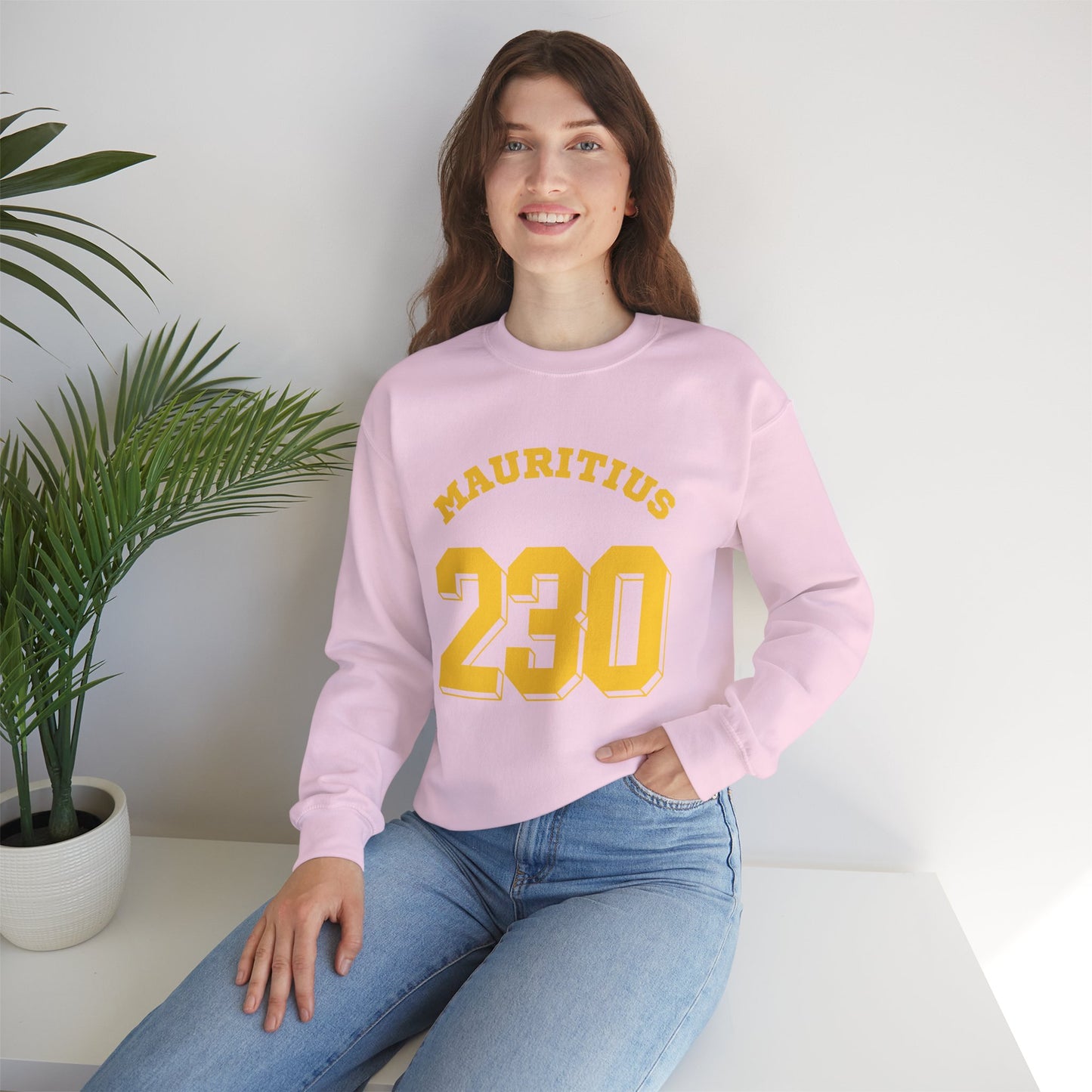 MAURITIUS SWEATSHIRT: 'Mauritius 230' in Sun-Kissed Yellow ☀️📞 - Unisex Heavy Blend™ Crewneck Sweatshirt