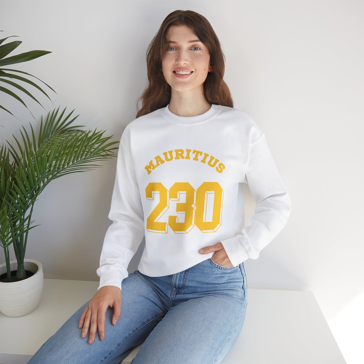 MAURITIUS SWEATSHIRT: 'Mauritius 230' in Sun-Kissed Yellow ☀️📞 - Unisex Heavy Blend™ Crewneck Sweatshirt