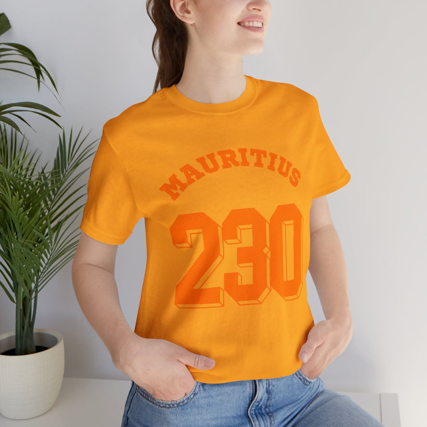 "MAURITIUS T-SHIRT: 'Mauritius 230' in Bold Orange 🌍🧡 - Unisex Women & Men Jersey Short Sleeve Tee