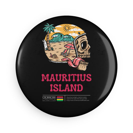 MAURITIUS BUTTON MAGNET: Ride to Paradise 🏍️🌴🖤 - Black Round (1 & 10 pcs)