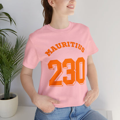 "MAURITIUS T-SHIRT: 'Mauritius 230' in Bold Orange 🌍🧡 - Unisex Women & Men Jersey Short Sleeve Tee