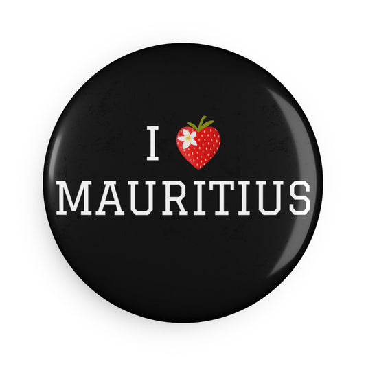 MAURITIUS BUTTON MAGNET: 'I Adore Mauritius' Special Edition 🌴🌸🍓🖤 - Black Round (1 & 10 pcs)