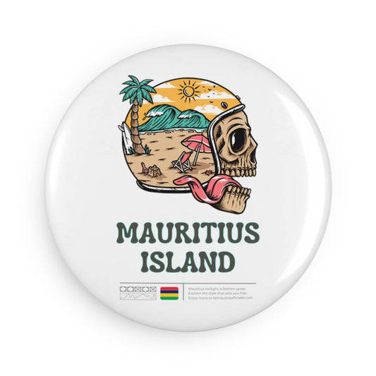 MAURITIUS BUTTON MAGNET: Biker Coastal Crusader 🏍️🌴🤍 - White Round (1 & 10 pcs)