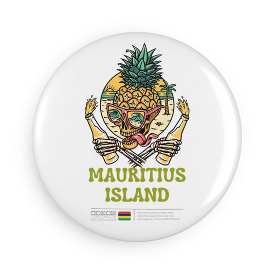 MAURITIUS BUTTON MAGNET: Tropical Skull Cocktail Oasis 🍍🏖️🤍 - White Round (1 & 10 pcs)