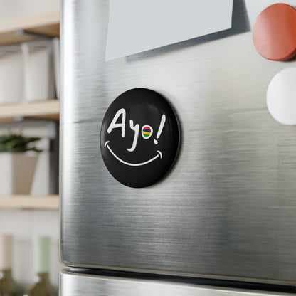 MAURITIUS BUTTON MAGNET: 'Ayo' Mauritian Expression Limited Edition 🌴🌟🖤🤍 - Black Round (1 & 10 pcs)