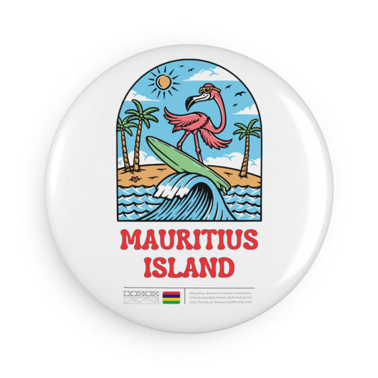 MAURITIUS BUTTON MAGNET: Surfing Paradise 🏝️🏄‍♂️🦩🤍 - White Round (1 & 10 pcs)