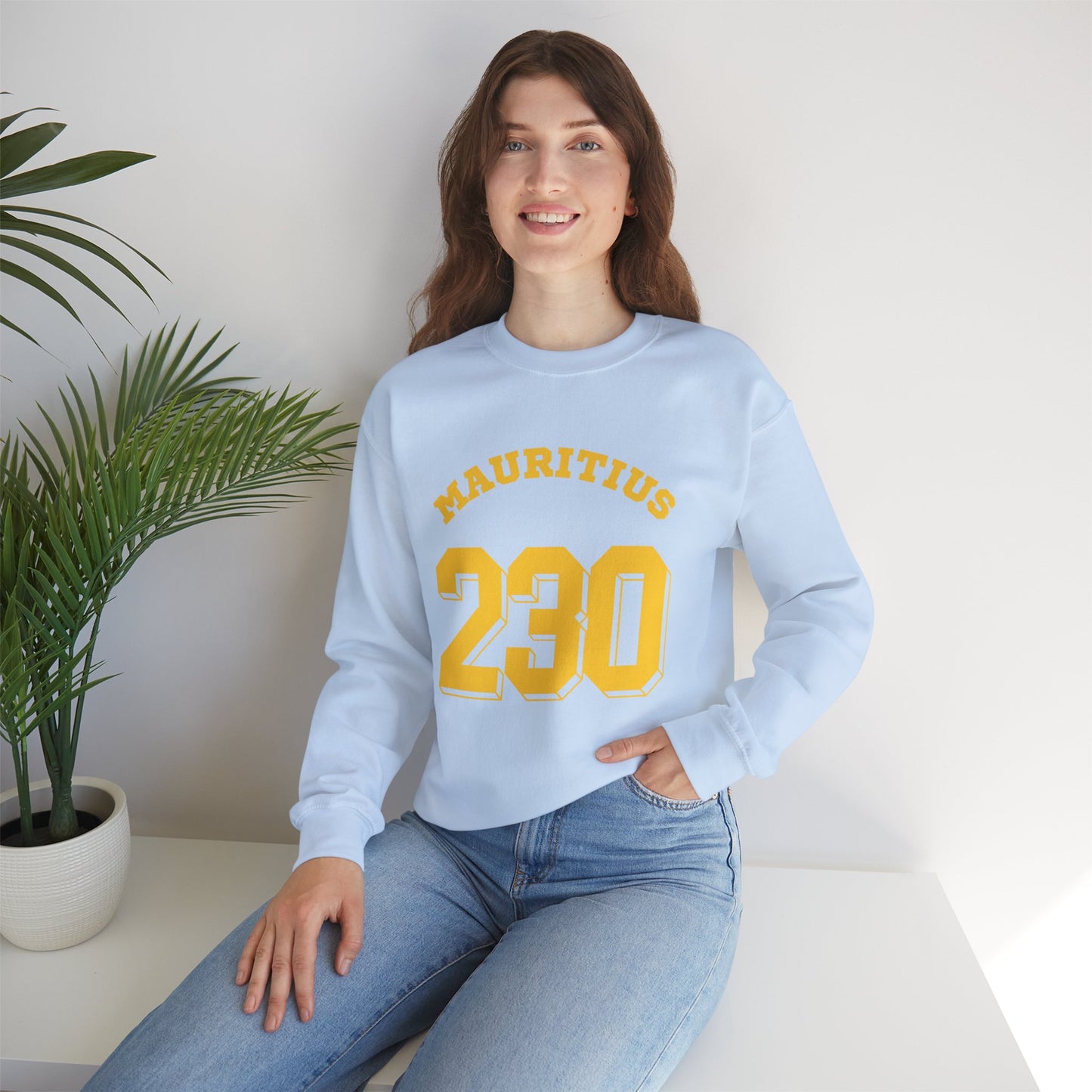 MAURITIUS SWEATSHIRT: 'Mauritius 230' in Sun-Kissed Yellow ☀️📞 - Unisex Heavy Blend™ Crewneck Sweatshirt